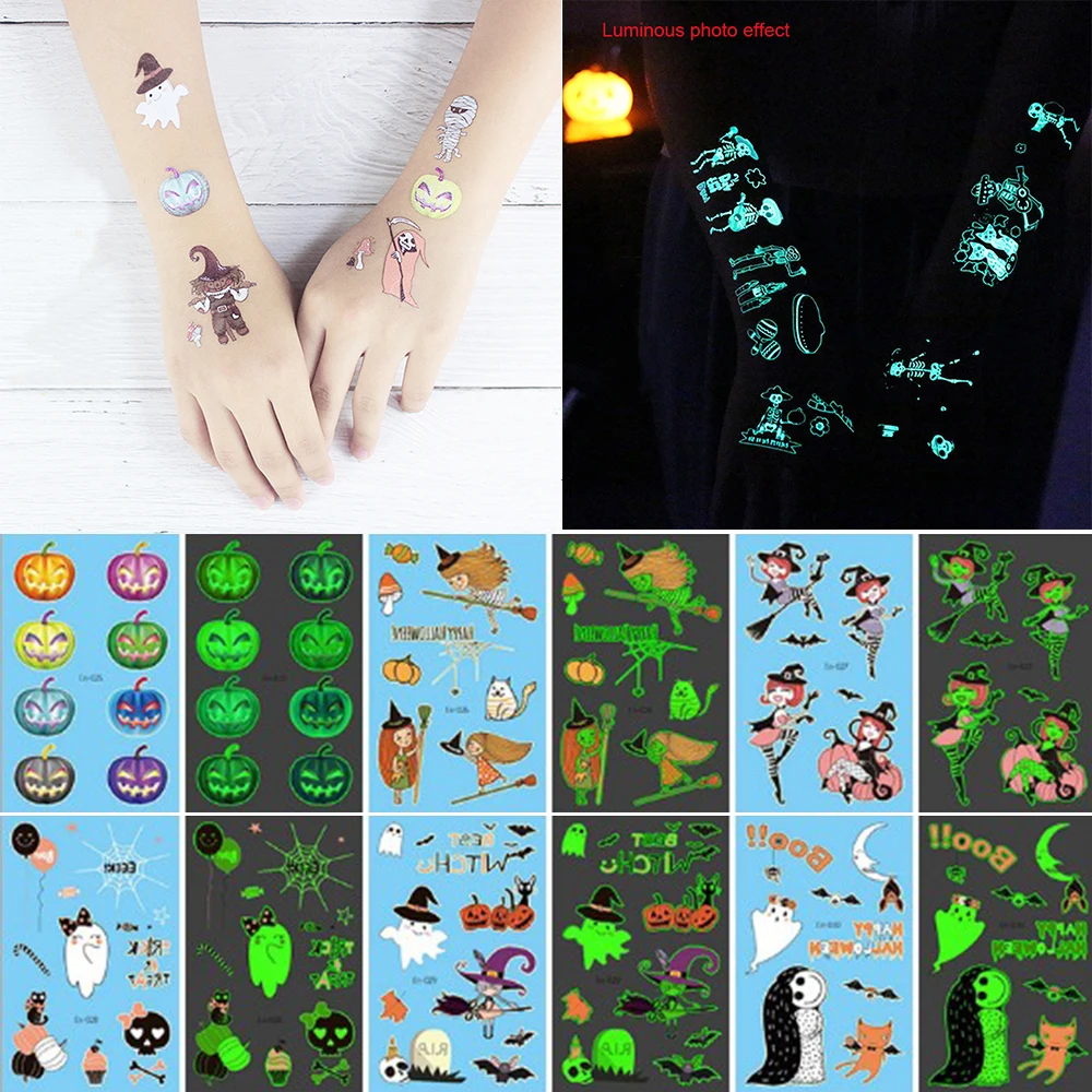 

1Pc Halloween Luminous Tattoo Ghost Taty For Kids Fake Tattoo Witch Glowing in Dark Waterproof Temporary Tattoo Stickers