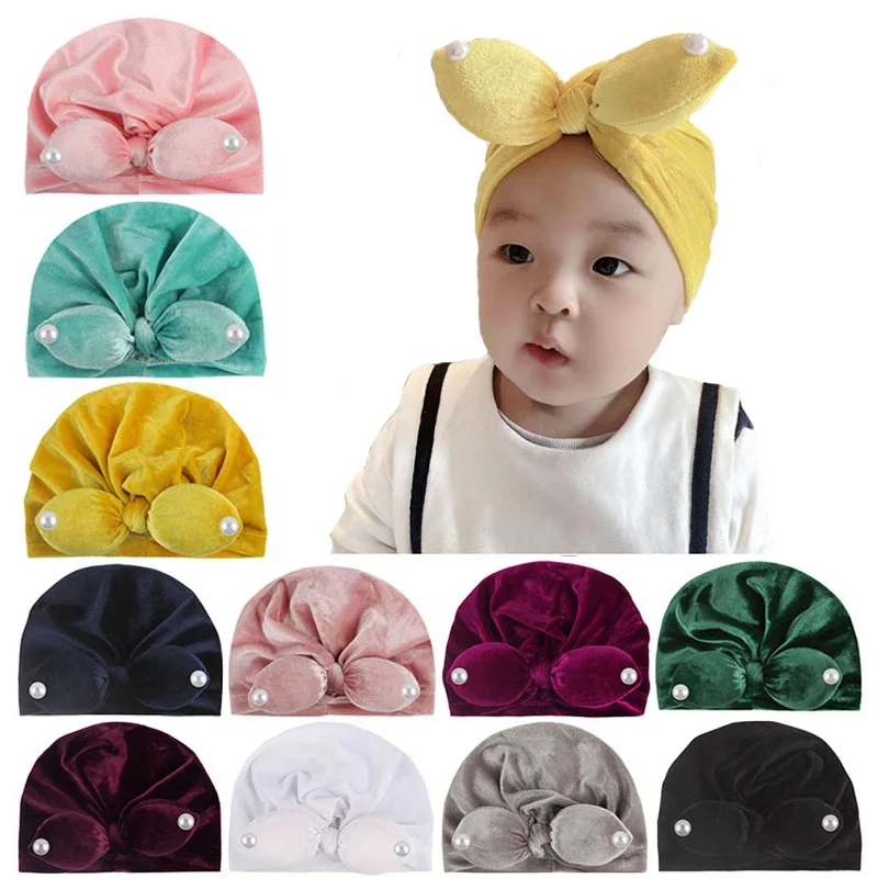 New Baby Beanie Pearls Winter Hat for Girls Newborn Turban Bunny Cap Toddler Infant Girl Hats | Детская одежда и обувь