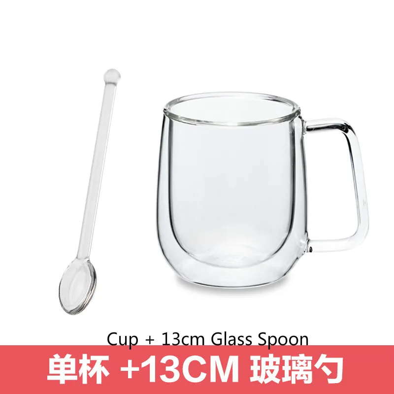 Cup w Spoon Стеклянная кофейная кружка с двойными стенками, высокое боросиликатное стекло, молочный кофе, кружка, посуда для напитков, чашка для воды с крышкой - Цвет: Cup w Spoon
