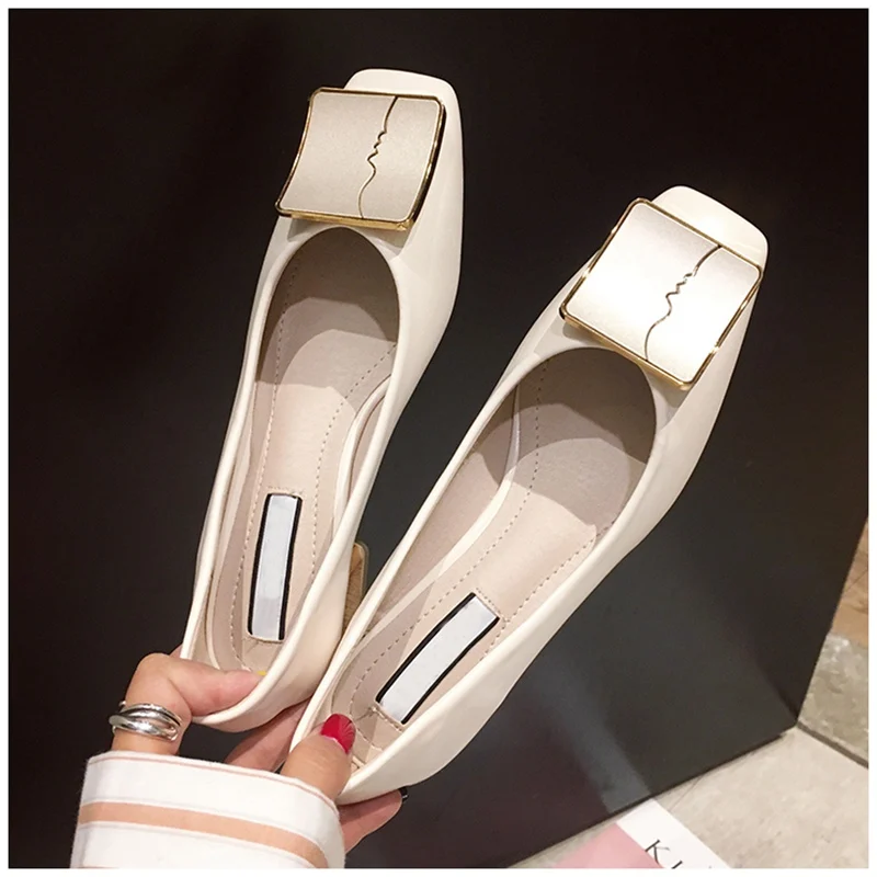 SUOJIALUN Luxury Women Spring Flat Shoes Square Toe Medium Heels Fashion Metal Boat Low Heels Shoes Women Dress Shoes