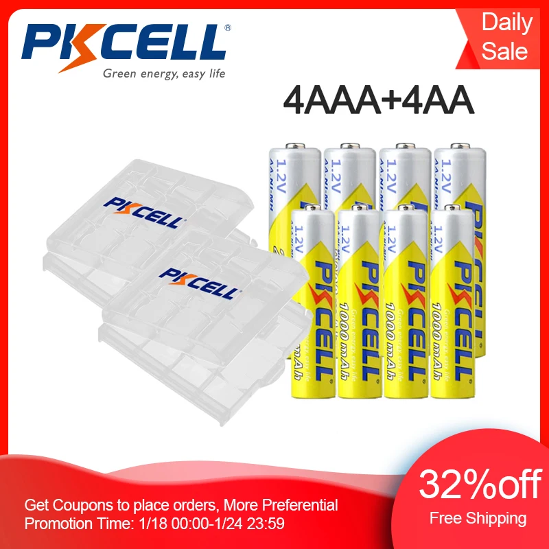 PKCELL 4 шт 2600mAh AA перезаряжаемые батареи + AAA 1000mAh 1 2 V Ni MH AA/AAA для игрушки