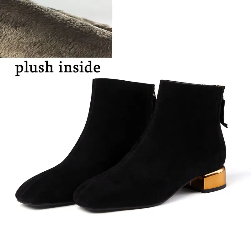 plush inside ALLBITEFO/женские ботинки из натуральной кожи с квадратным носком на золотистом каблуке; высококачественные женские ботильоны на низком каблуке; зимние кожаные ботинки - Цвет: plush inside