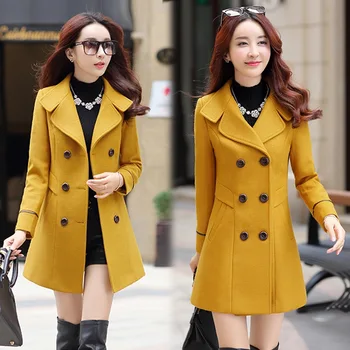

Casual Women blend 2019 New Yellow Autumn and Winter Coat Double-breasted Woolen Jacket Coat Female