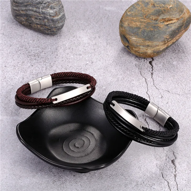 Multi Layer Braided rope Leather Bracelets for Men Women ID Brand Stainless Steel Bar Bangles Casual Personalized Pulseira Gifts