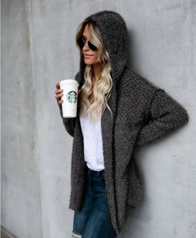 2021 Autumn Teddy Jacket Women Fleece Hooded Coat Vintage Long Cardigan Coat Thin Hoodies Overcoat Y2k Tops Outerwear