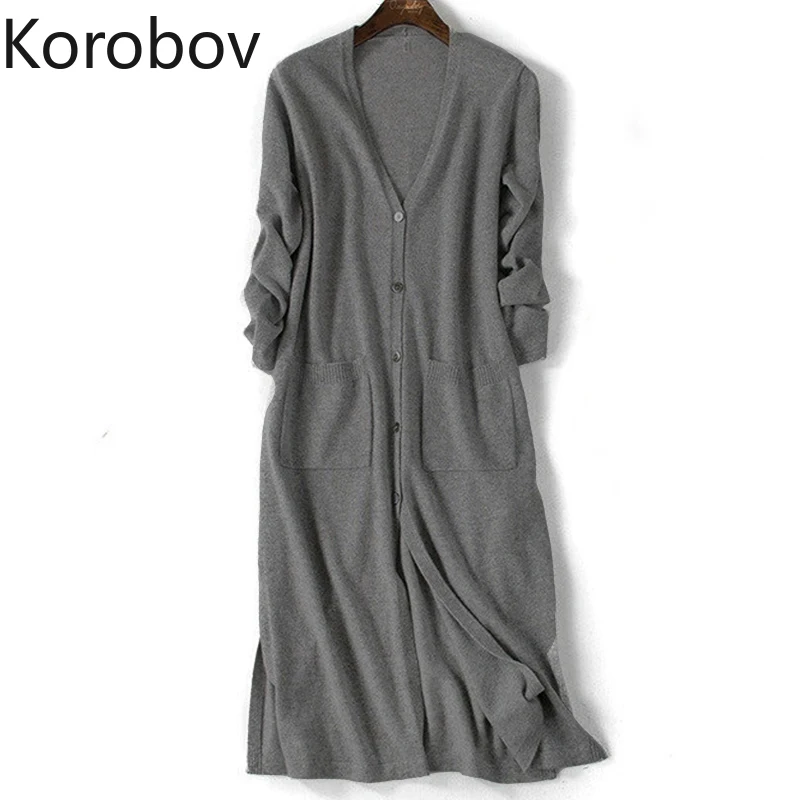 Korobov корейский однобортный длинный свитер женский летний Вязаный Кардиган с длинным рукавом и карманами оверсайз Sueter Mujer 78413