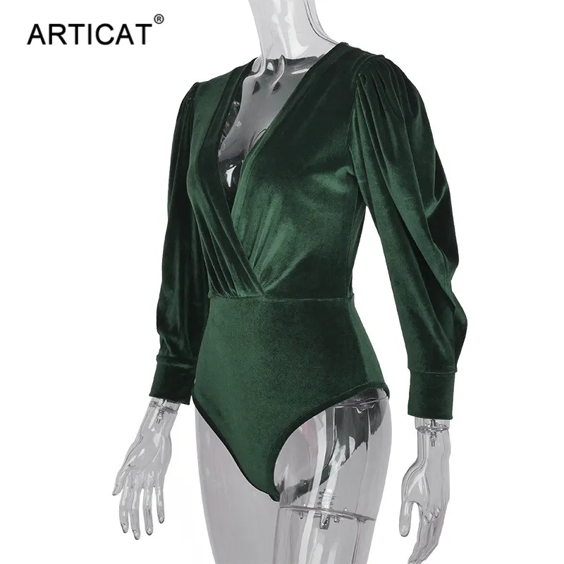 Articat, пышные рукава, глубокий v-образный вырез, бархатный боди, женский сексуальный тонкий однотонный комбинезон, мода, Весенняя уличная одежда, женские комбинезоны