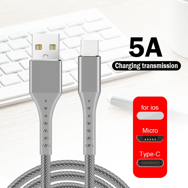 USB кабель для быстрой зарядки для ios 2 м 1 м USB кабель для зарядки и передачи данных type-C Micro USB Мобильный телефон 5A Android супер зарядное устройство