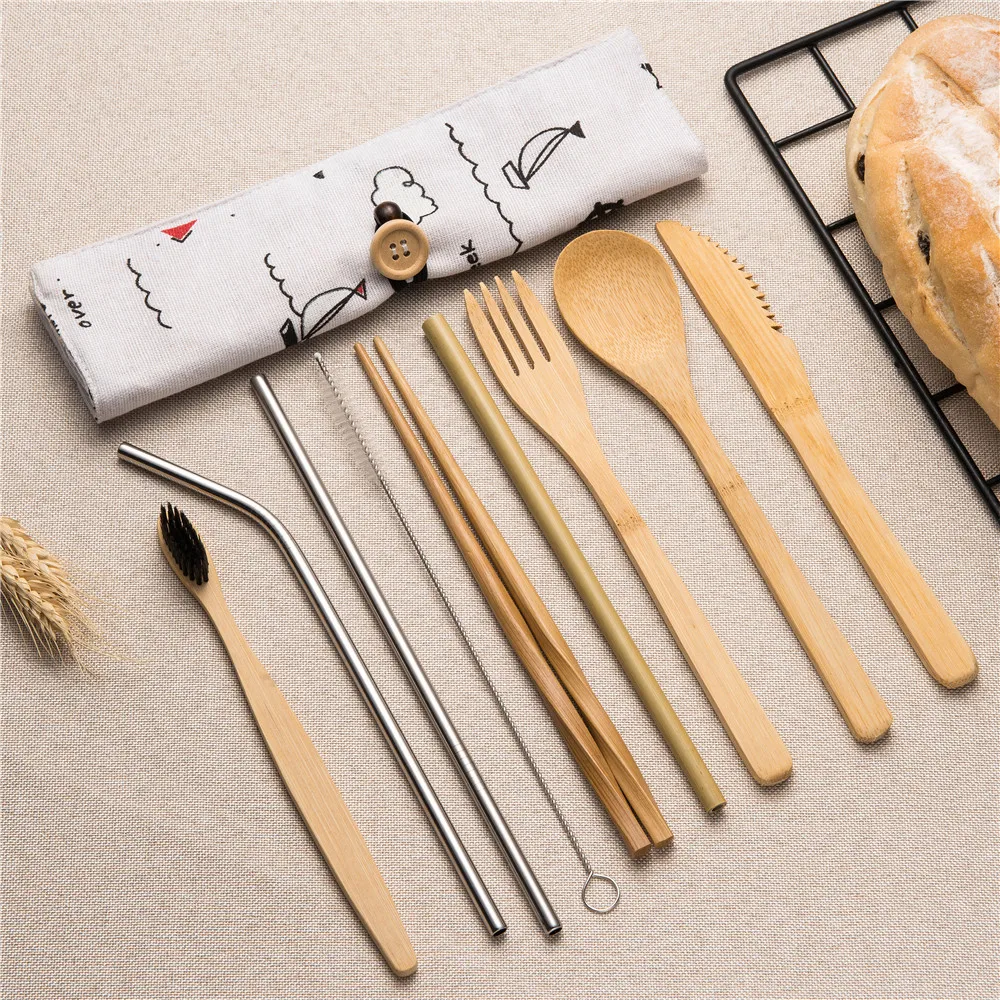 

Reusable Bamboo Cooking Kitchen Tool Wooden Cutlery Set Fork Cutter Cutting Bag Fork Spoon Knife Set or Picnic Dinnerware Set
