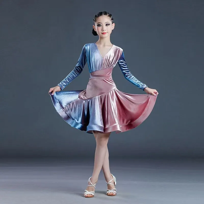 

Kids Velvet Latin Dance Dress For Girls Child Competition Fashion Ballroom Tango Salsa Dancewear Practice Dancing Wear Cha Cha