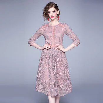 

New Spring Women dress Lace Slim High-end Elegant Dresses Gray Pink 6268