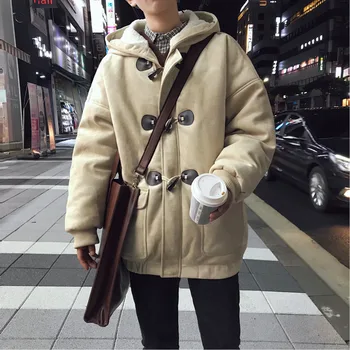 

2019 Winter New Loose Korean Version Of The Net Red Horn Buckle Thick Warm Hooded Trend Street Casual Coat