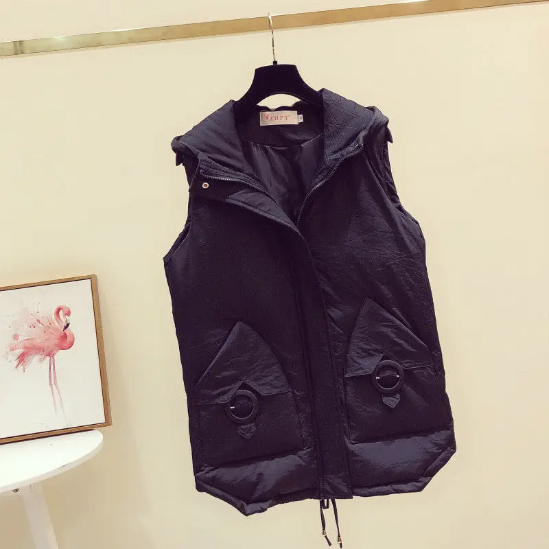 casacos com capuz colete para baixo algodão feminino meados de comprimento inverno coreano moda solta chaleco mujer corpo mais quente gilet casaco