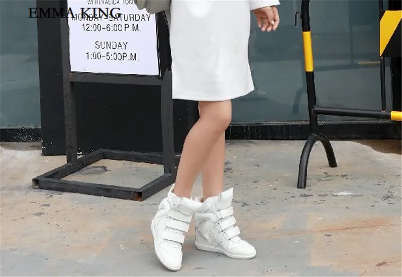 Autumn and winter Newest Fashion Designer Women Hook Loop Sneakers 8cm Invisible Inside Heighten Women Leather Ankle Boots