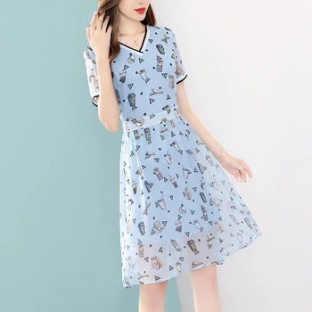 

Heliar 2020 Spring Blue Chiffon Dress Women Food Printed V-Neck Short Sleeve A-Line Knee Dress Women One piece Women