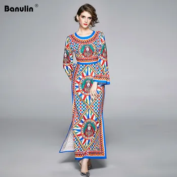 

High Quality 2020 Runway Designer O-Neck Full And Flare Sleeve Figure Print Elegant Casual beach dress Long Dress Women vestido