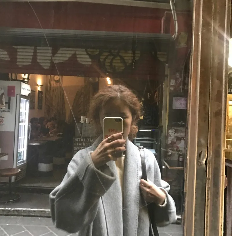 Южная Корея Dongdaemun Дизайнер Французский элегантный серый с поясом лень отложной воротник шерстяное пальто