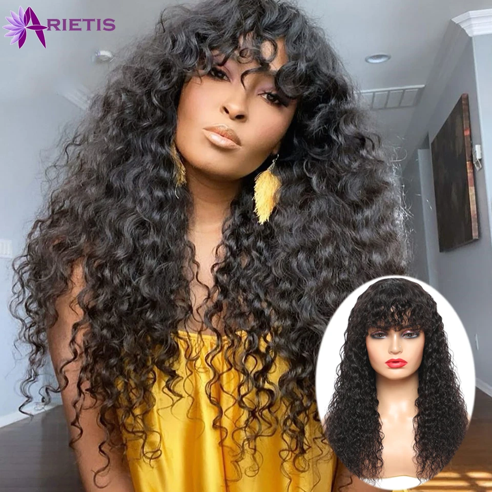 Glueless Water Wave Wig Peruvian Human Hair Wigs With Bangs Full Machine Made Wig For Black