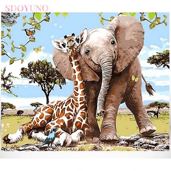 

SDOYUNO DIY painting by numbers with frame kids Elephant and giraffe animals HandPaint Home Decor Gift Canvas Drawing on canvas