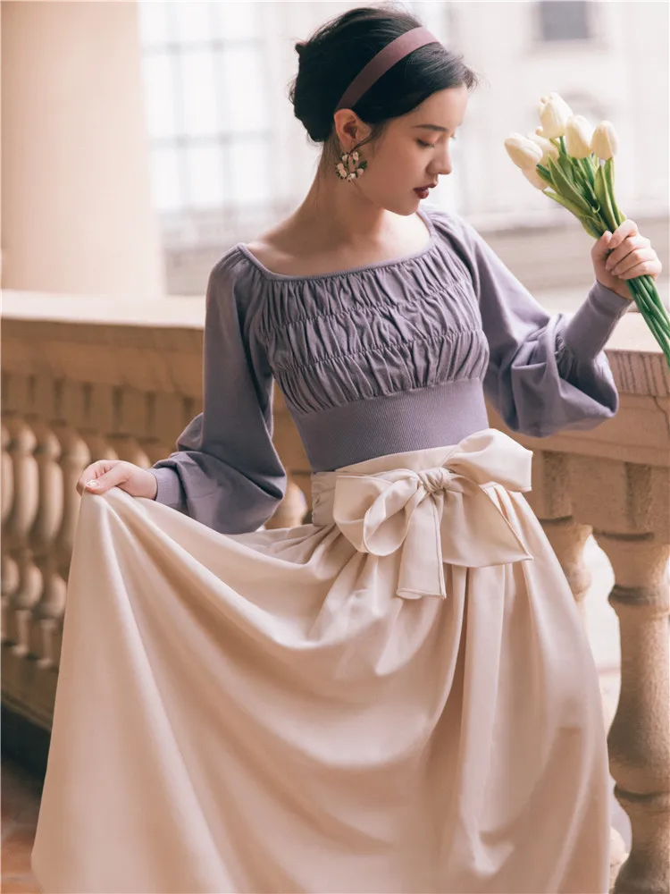 

Sweet Lady 2 Piece Outfits Vintage Lantern Sleeve Square Collar Knitted Cotton Top & Bow Long Maxi Skirt Women Matching Sets