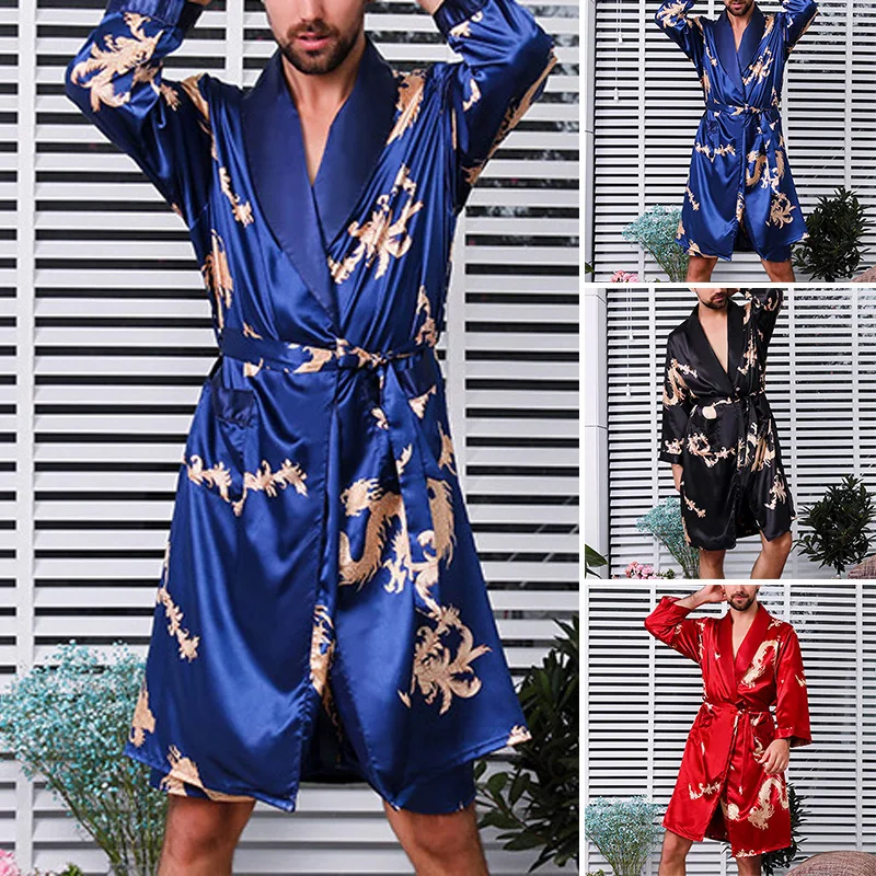 Men's Imitated Silk soft comfortable Night Gown Fashion Printed Long Sleeve Home Bathrobe Night Gown Sleepwear Plus Size