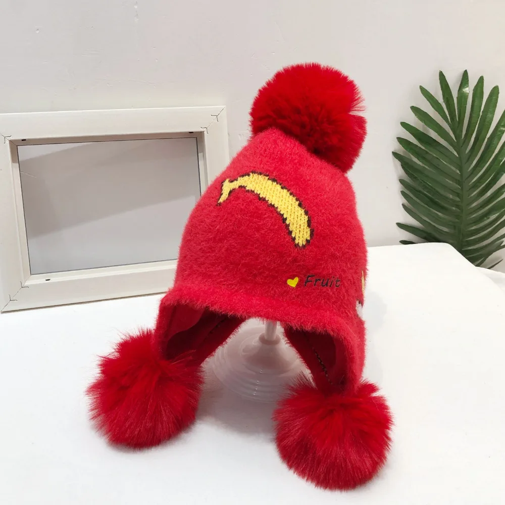 Шерстяная зимняя шапка с защитой ушей для маленьких мальчиков и девочек, Мягкая Теплая Шапка-бини с двойным помпоном, вязаные детские шапки с фруктами