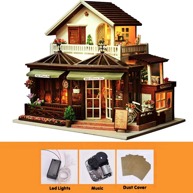 Large Coffee Wooden Doll House Manual Assembling Model Toys Diy Wooden Hut House With Led Light Music Small Tools Birthday Gift 7