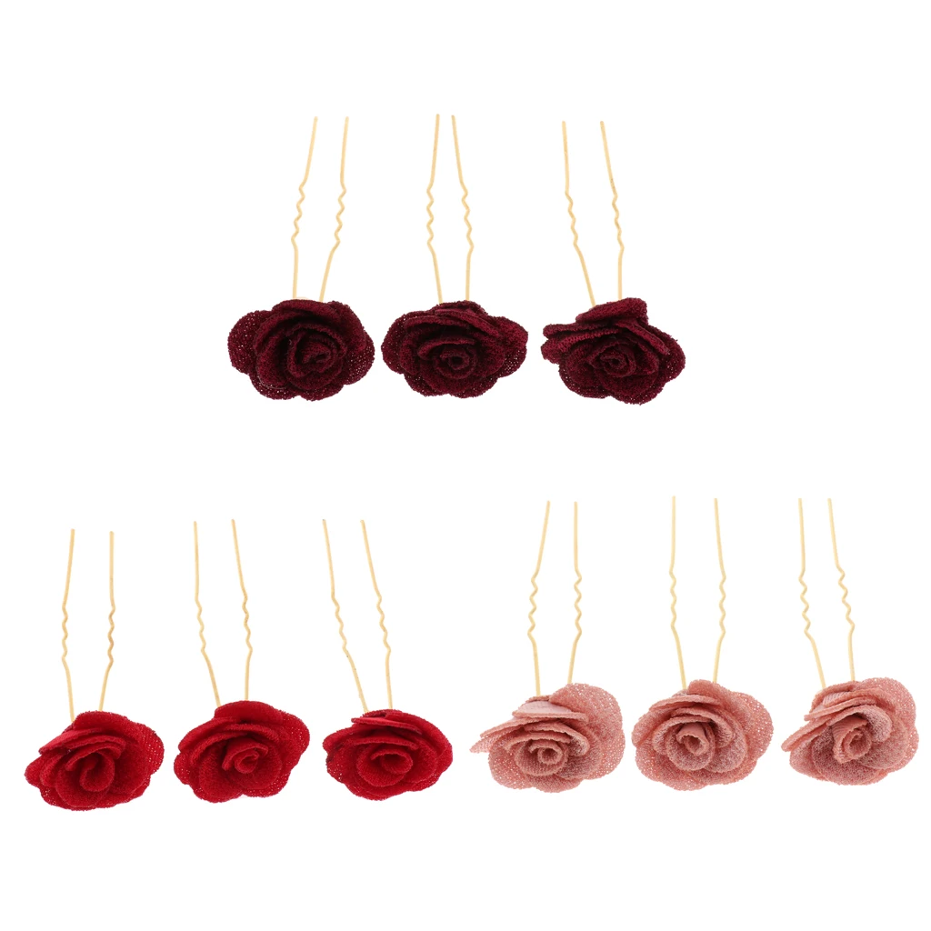 3pcs Hairpins with Rose Flower Hair Accessories Headdress Jewelry Wedding Decoration