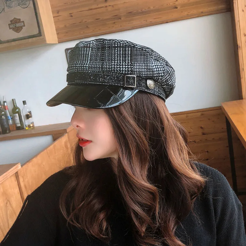 

2019 Korean Fashion Tweed Plaid Beret Hats Women Vintage Knitting Flat Top Woman Autumn Winter Military Hat Newsboy Cap Girls