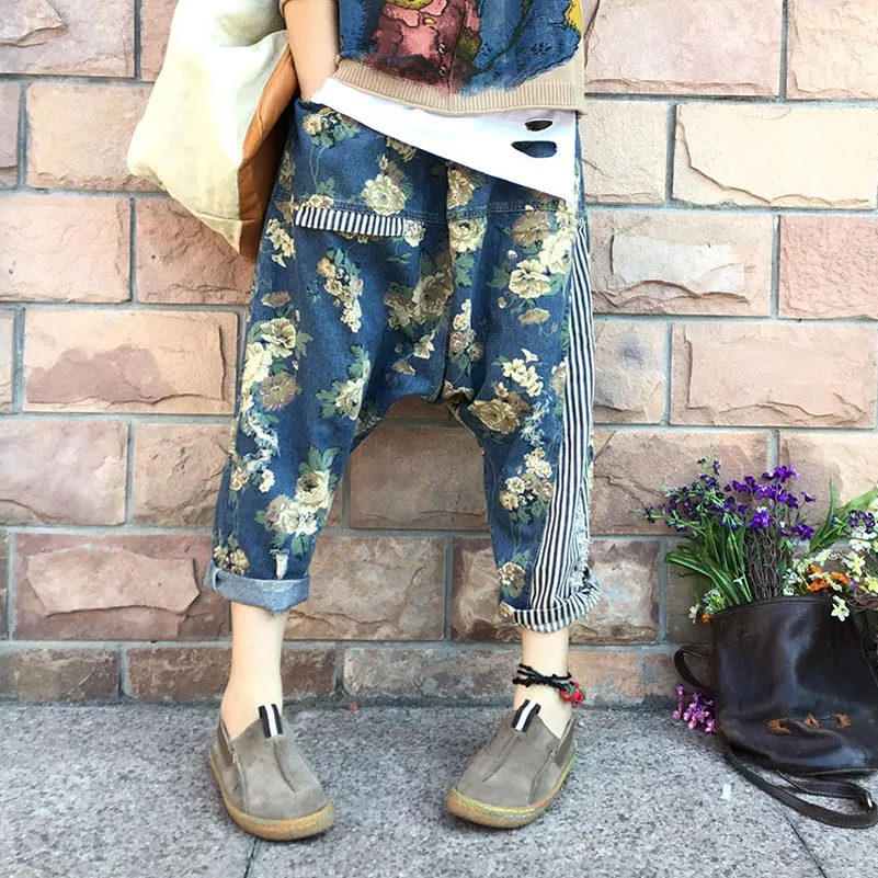 QPFJQD Женские винтажные мешковатые брюки с цветочным принтом и эластичной талией с низким шаговым швом, длинные Лоскутные Брюки с карманами, уличная одежда - Цвет: Многоцветный