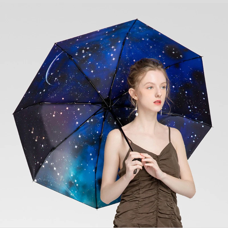 Tanie Galaktyką gwiazdą niebo kobiety składany Parasol mały pięć składany czarny mini kieszeń Parasol odporny na wiatr przenośne słońce deszczowe parasole