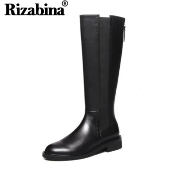 

RIZABINA 2020 Women Flats Knee High Boots Real Leather Office Work Retro Winter Boots Round Toe Zipper Footwear Size 33-44