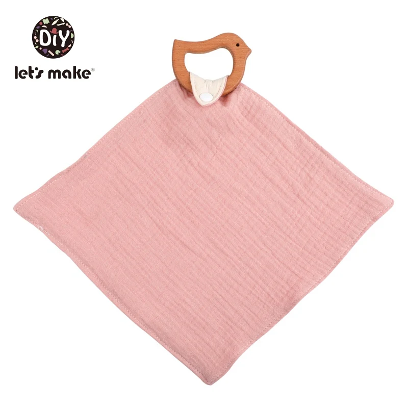 Let's Make/1 шт., хлопковые детские слюнявчики, одноцветные, на кнопках, мягкое треугольное полотенце с деревянным грызуном, слюнявчик для кормления - Цвет: Bird pink