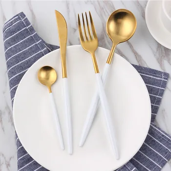 

White Gold Cutlery Set Knives Forks Tea Spoon Dinnerware Set Stainless Steel Tableware Set Kitchen Silverware Set Free Shipping