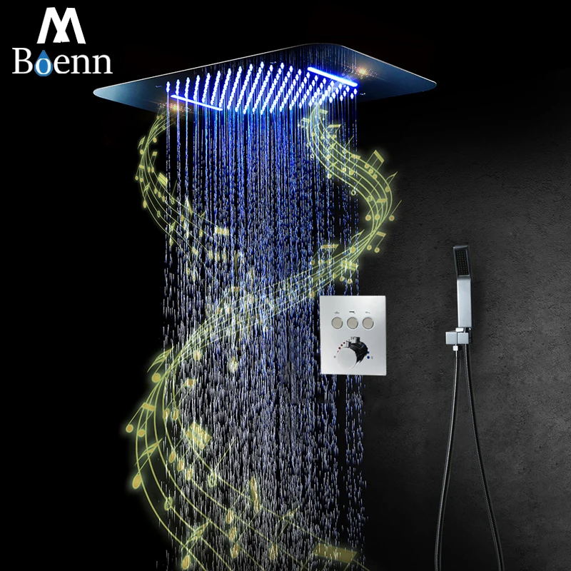 

M Boenn Music Rain Shower System Set LED Shower Head Panel Speaker Wall Mounted Bathroom Faucet Controller Thermostatic Mixer