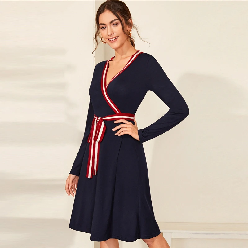 Sheinside Elegant Stripe Trim Patchwork Dress Women Autumn V Neck Wrap A Line Dresses Ladies Navy High Waist Belted Dress