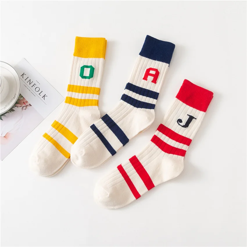 Женские носки в полоску с надписью; японские удобные носки с принтом; цвет белый, красный, синий, желтый; милые модные Хлопковые женские носки без пятки в стиле Харадзюку