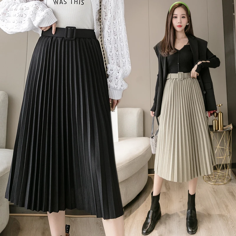 

Shintimes Female Solid Color Pleated Skirt Sashes Midi Skirts Women High Waist Vintage 2020 Autumn Winter Loose Skirt Jupe Femme