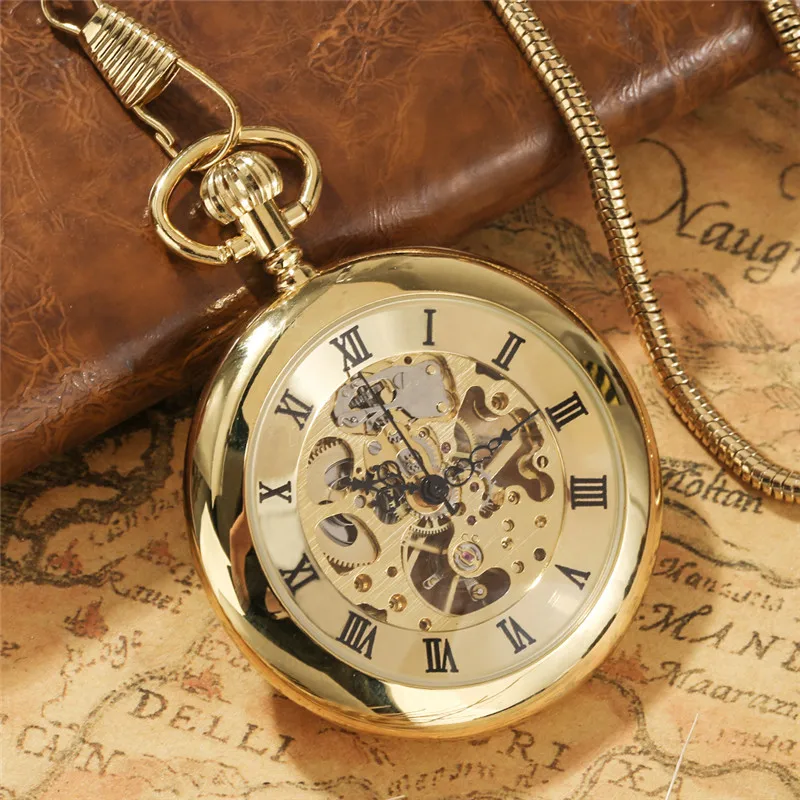 Luxury Yellow Golden Skeleton Display Men Women Handwind Mechanical Pocket Watch Open Face Roman Numeral FOB Chain