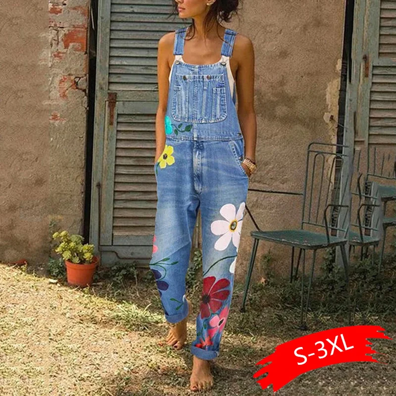 

2020 New Summer Jumpsuit Women Spring Long Denim Jeans Casual Floral Printed Pocket Jeans Romper Trendy Long