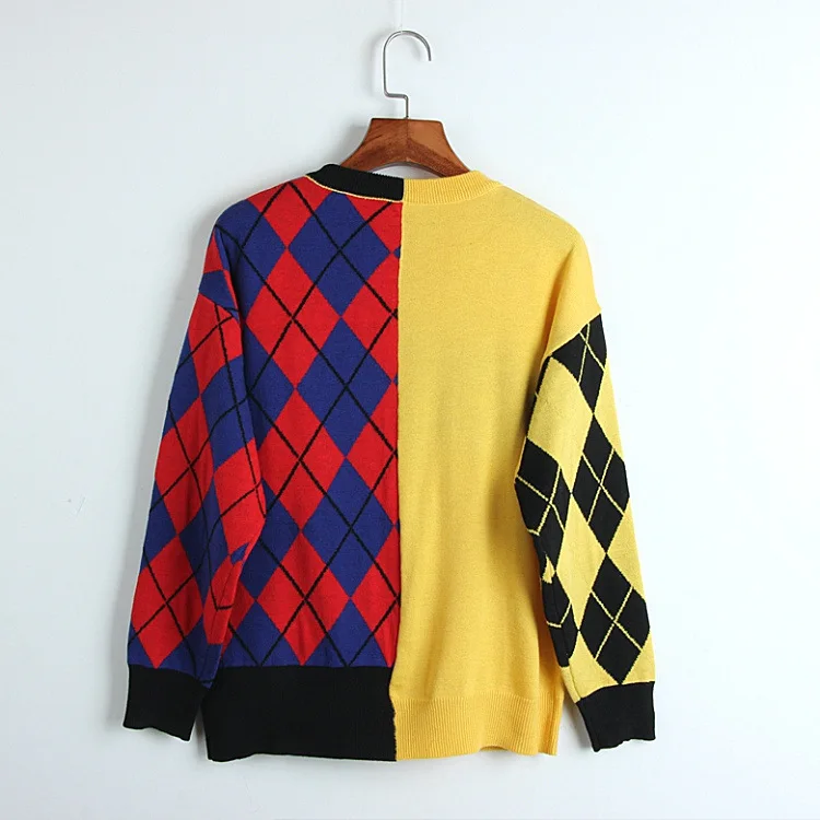 Высокое качество, осень, женская одежда, сшитый красный и синий, круглый ворот, вязаный пуловер с длинным рукавом