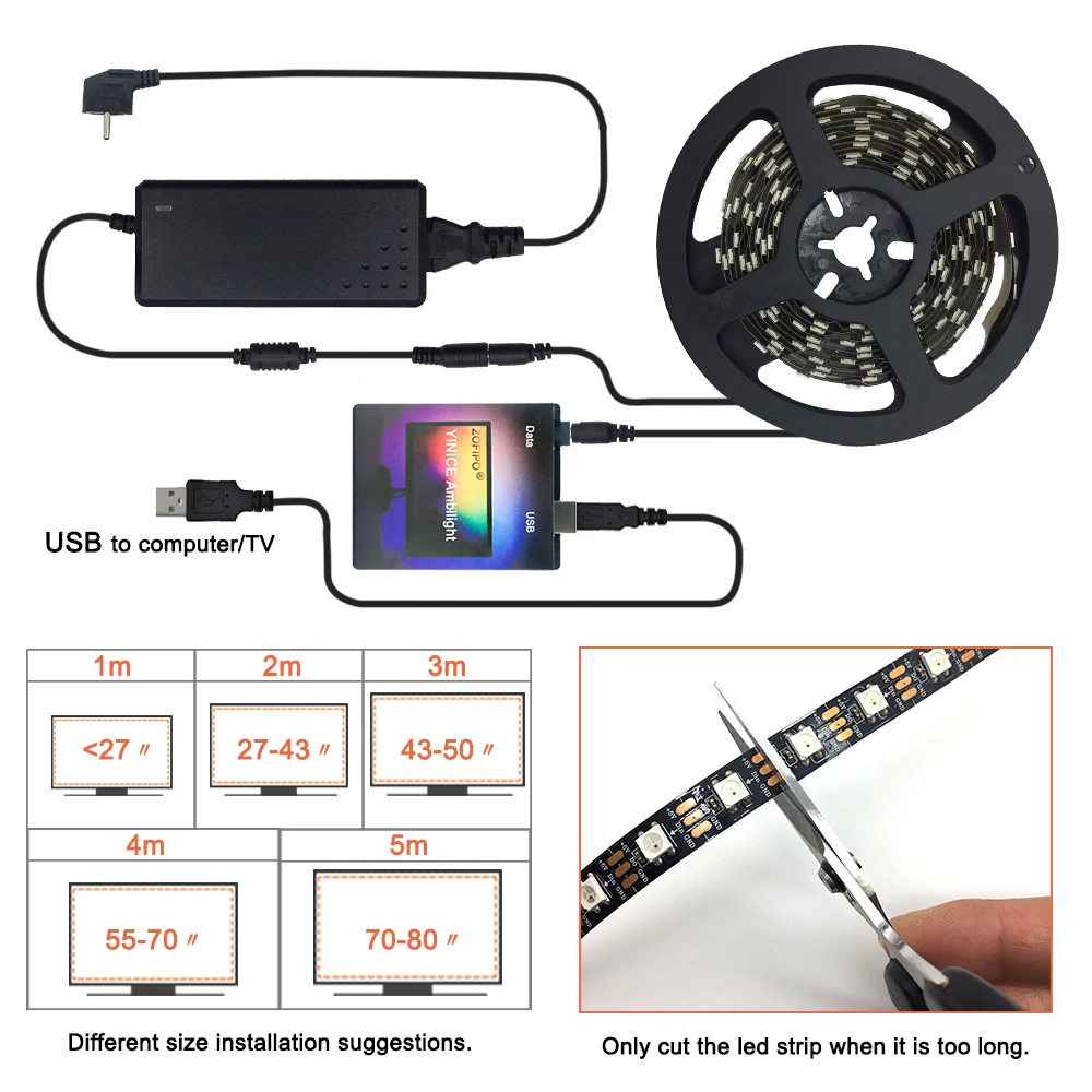 DIY, Ambilight, HD, ТВ, настольный ПК, экран мечты, USB, Светодиодная лента, набор, HD ТВ, компьютерный монитор, подсветка, 1 м, 2 м, 3 м, 4 м, 5 м, WS2812B, светодиодная лента