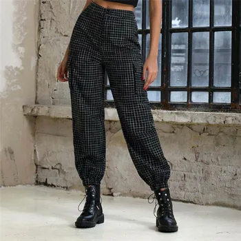 

Hot Fashion harem pants Women Ladies High elastic waist Plaids Retro Cargo Trousers Hippie Baggy Black Pants clothes Vintage
