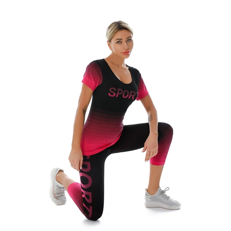 Summer Two Piece Women's Tracksuits Yoga Sets Suit For Fitness Elasticity Cropped Trousers Sports Shirt Gym Clothing Sportwear