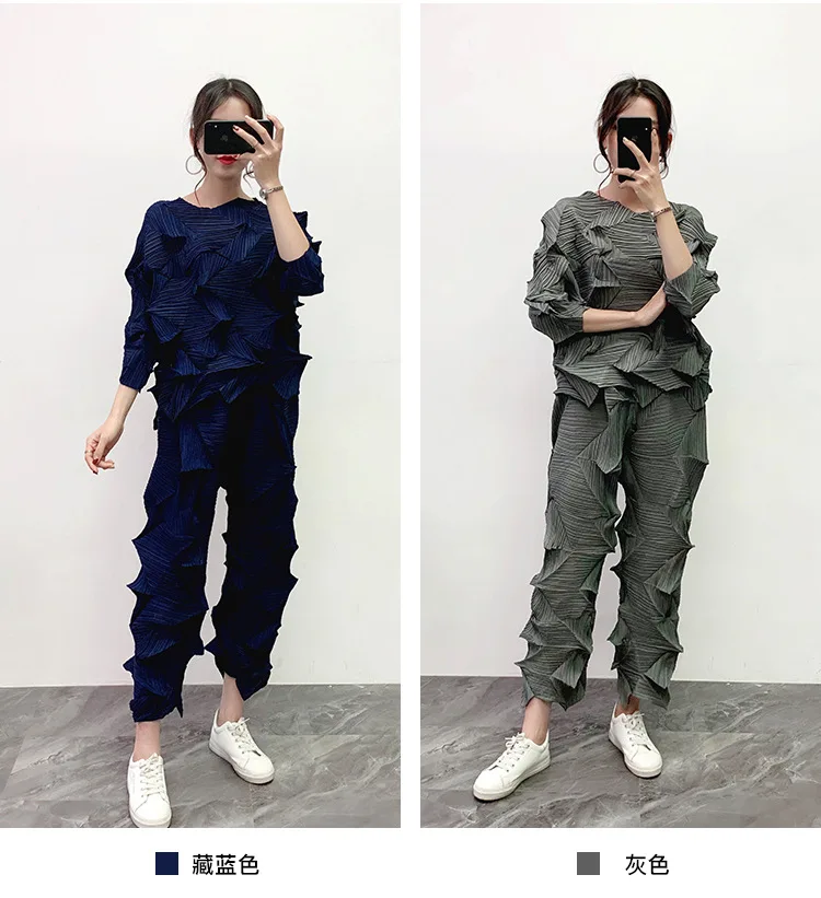 MIYAKE плиссированная куртка со стразами+ прямые брюки Зимний свободный большой размер плиссированный комплект из двух предметов брюки костюм