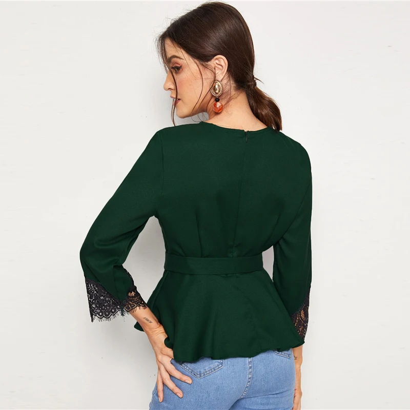 Sheinside элегантное контрастное платье блуза из смешанных материалов с кружевом, Для женщин осень поясом расклешенные свободные к низу блузки женская зеленая молния сзади отделка верха