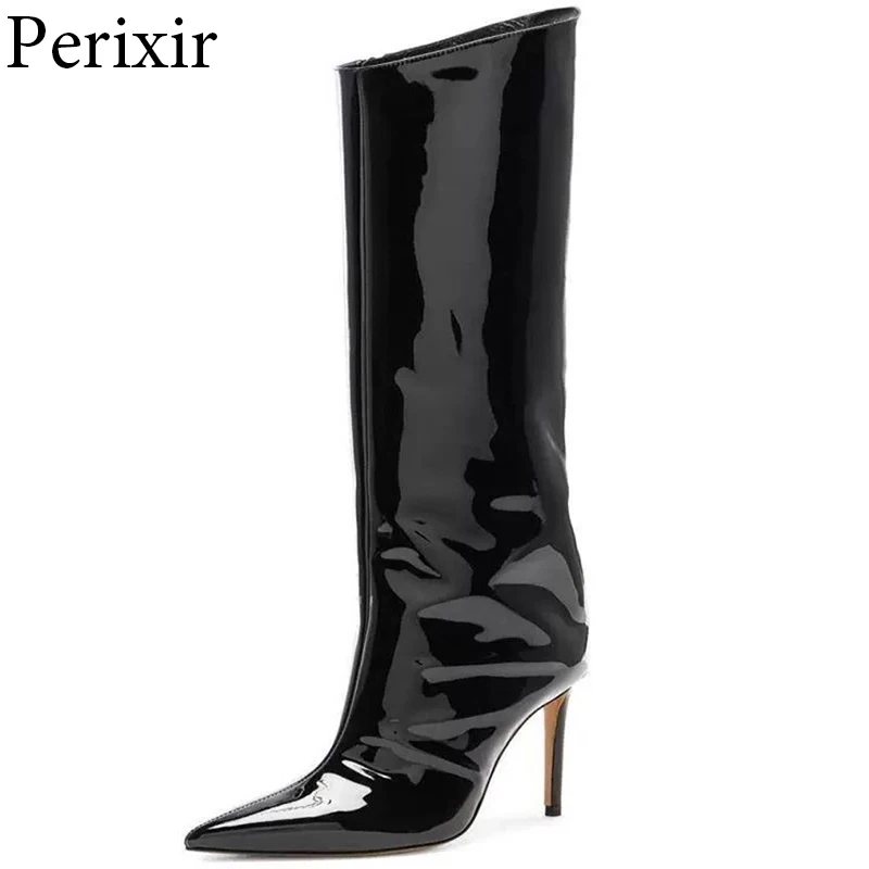 

12cm Slim Heel Women Knee High Boots Patent Leather Runway Pointed Toe Solid Color Clubwear Party Night Club Shoes Woman Black