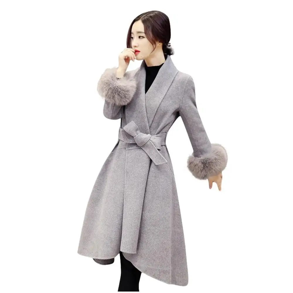 Женское шерстяное пальто размера плюс 4XL зимнее однотонное пальто с поясом и длинным меховым рукавом кашемировое шерстяное зимнее пальто - Цвет: Серый