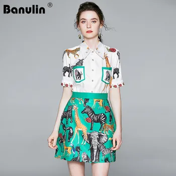 

Top Quality Designer Runway 2pcs Skirt Suit Sets Women 2020 Summer Fashion Animal Print Blouse Shirt+Mini Skirt Suit Sets