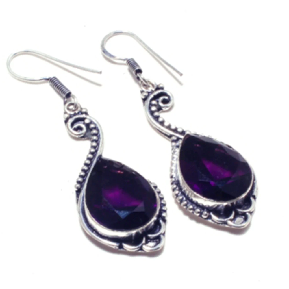 

Genuine Amethyst Earrings Silver Overlay over Copper Nature stone Hand made Women Jewelry Gift, E5213